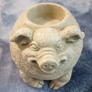 Vintage Happy Swine Pig Candle Holder Resin Type Material Stone Look